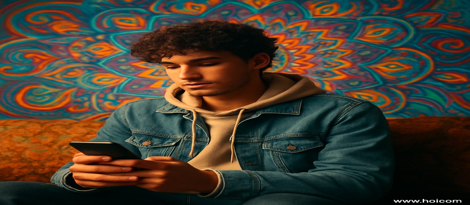 একজন ডেনিম জ্যাকেট পরা ব্যক্তি একটি সোফায় বসে হাতেই একটি ফোন ধরে hbaj অ্যাপে গেম খেলছেন