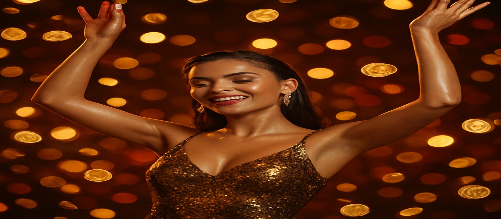 hbaj অ্যাভিয়েটর জয়ী হওয়ার উদ্‌যাপন করছেন এক নারী, চারপাশে সোনার মুদ্রা উড়ছে