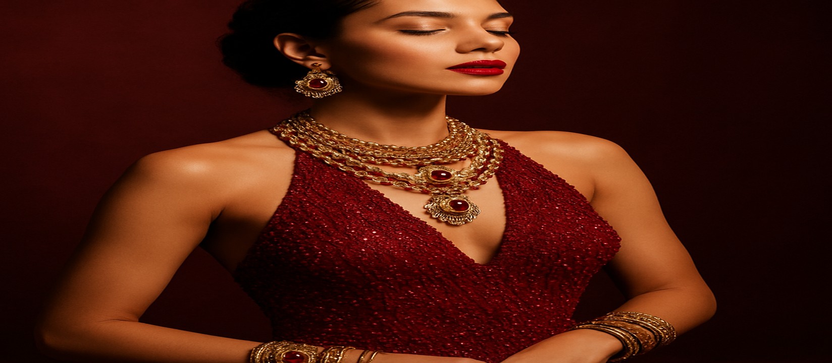 hbaj গেমিং প্ল্যাটফর্ম টেবিলে একটি সুন্দর লাল পোশাক পরিহিত নারী উপস্থাপক উপস্থিত