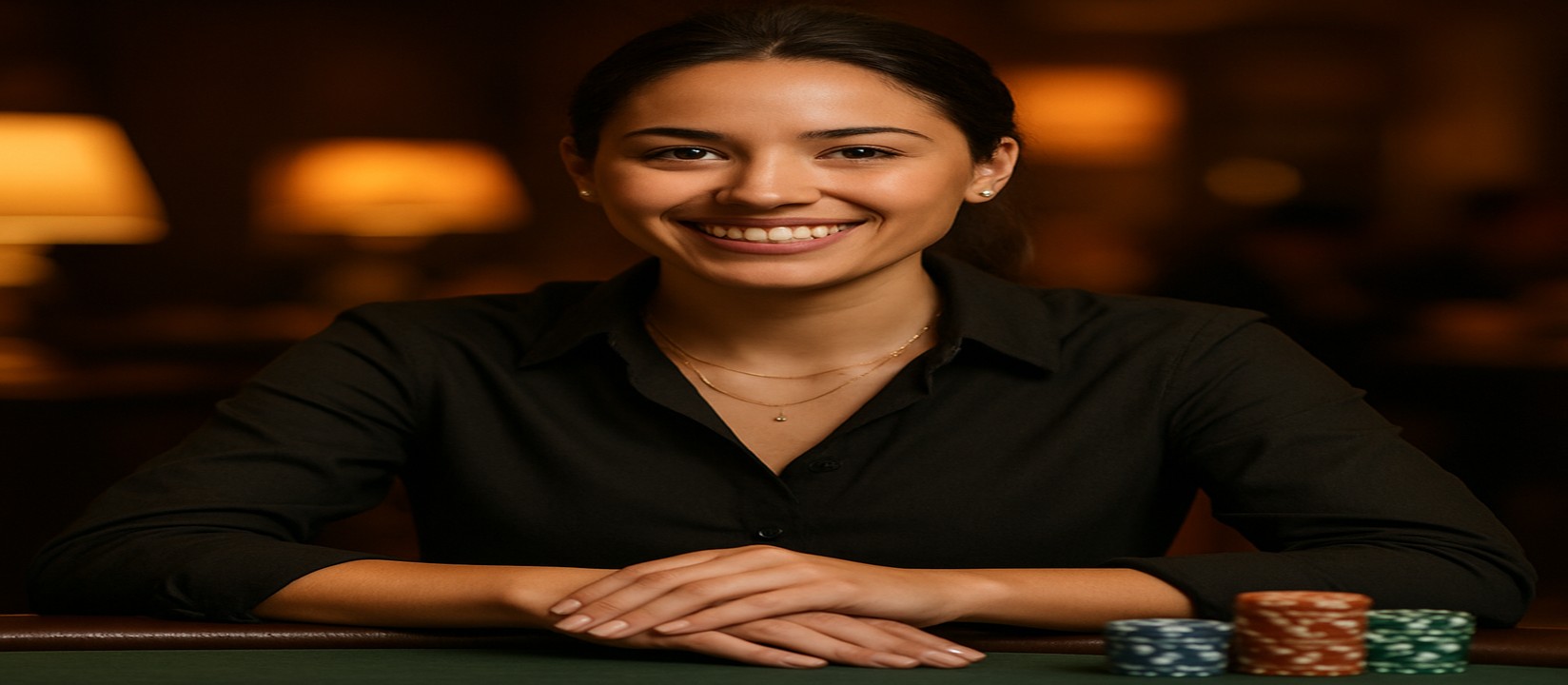 hbaj-এ একটি হাসিখুশি মেয়ে ডিলার কার্ড টেবিলে চিপস ও কার্ড সামনে রেখে বিস্তৃত খেলার সম্ভার দেখান, hbaj-র বিষয়বস্তু আপনার জন্য।