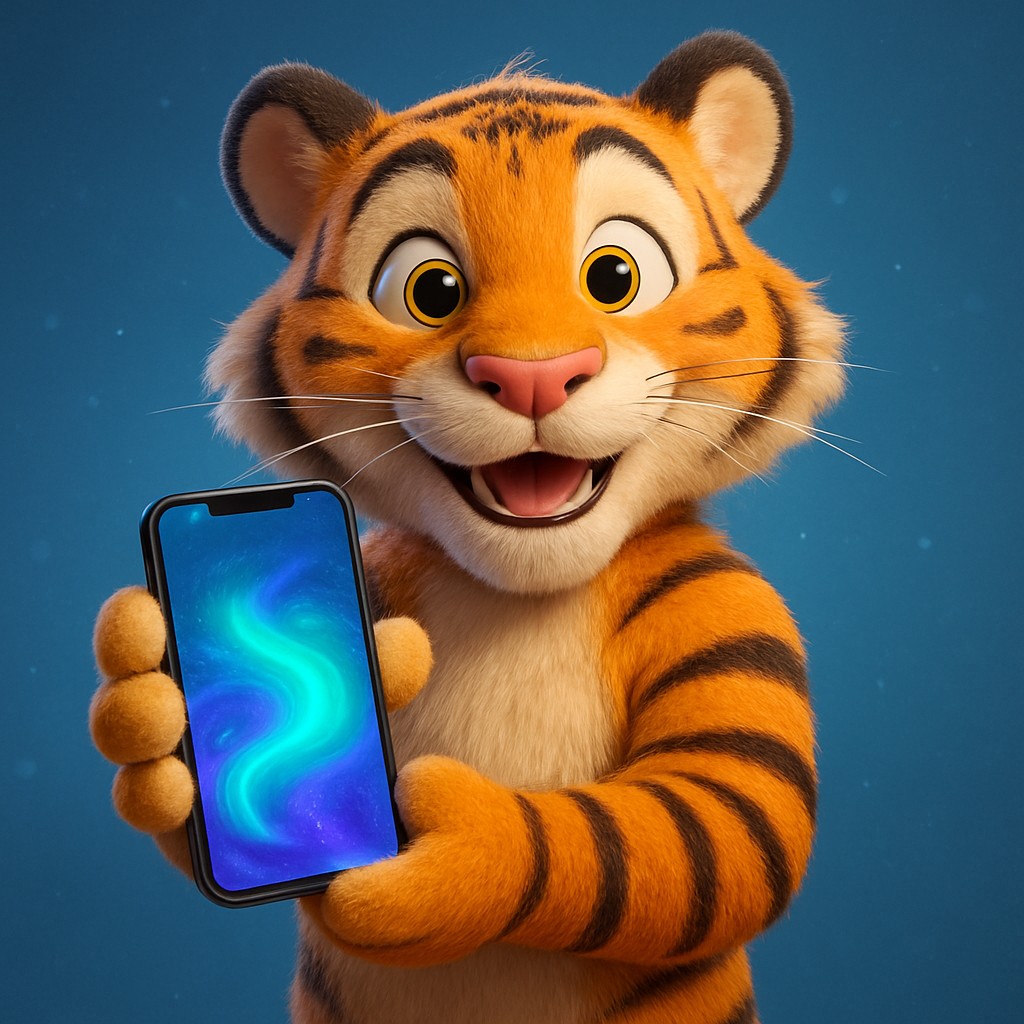 একটি কার্টুন টাইগার শাবক hbaj অ্যাপটির দ্রুত ও নির্ভরযোগ্য সেবা সহ একটি স্মার্টফোন ধরে আছে