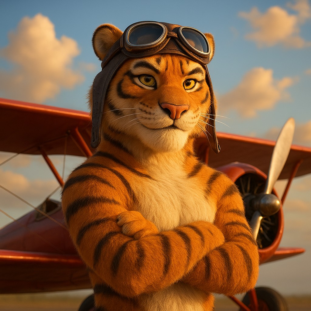 hbaj-এ অ্যাভিয়েটর গেমটির প্রতীক হিসেবে, লাল রঙের পুরোনো বিমানের পাশে একজন বাঘ-চালিত পাইলট দাঁড়িয়ে আছেন