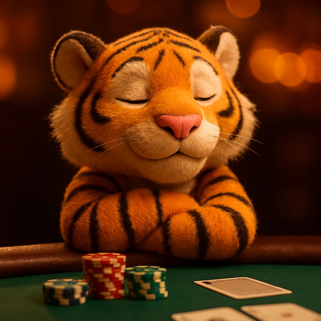 hbaj গেমিং প্ল্যাটফর্মে একটি হাসিখুশি বাঘের শিশু একটি গেম টেবিলে চিপসসহ বসে আছে