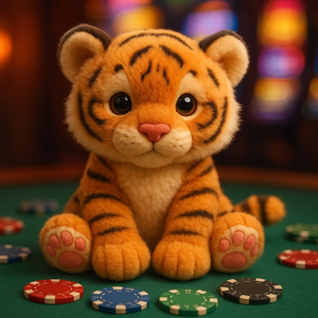 hbaj প্ল্যাটফর্মে একটি ছোট বাঘছানার টেবিলের ওপর পোকার চিপস নিয়ে বসে আছে।