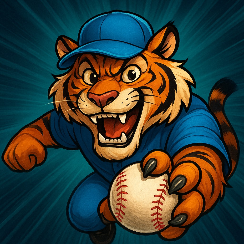 hbaj-এ ক্রিকেট গেমিংকে প্রতিনিধিত্ব করে পোশাক পরা এক হাসিখুশি বাঘের বাচ্চা, যার মুঠোয় একটি বল রয়েছে.