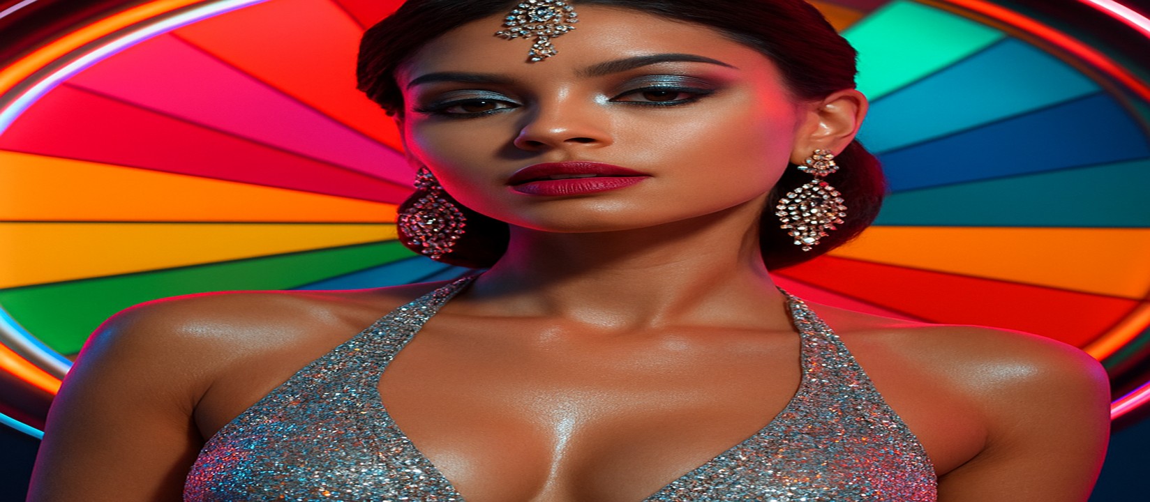 hbaj গেমিং প্ল্যাটফর্মের উজ্জ্বল রঙের চাকার সামনে সিকুইন পোশাক পরা একজন নারী পোজ দিচ্ছেন