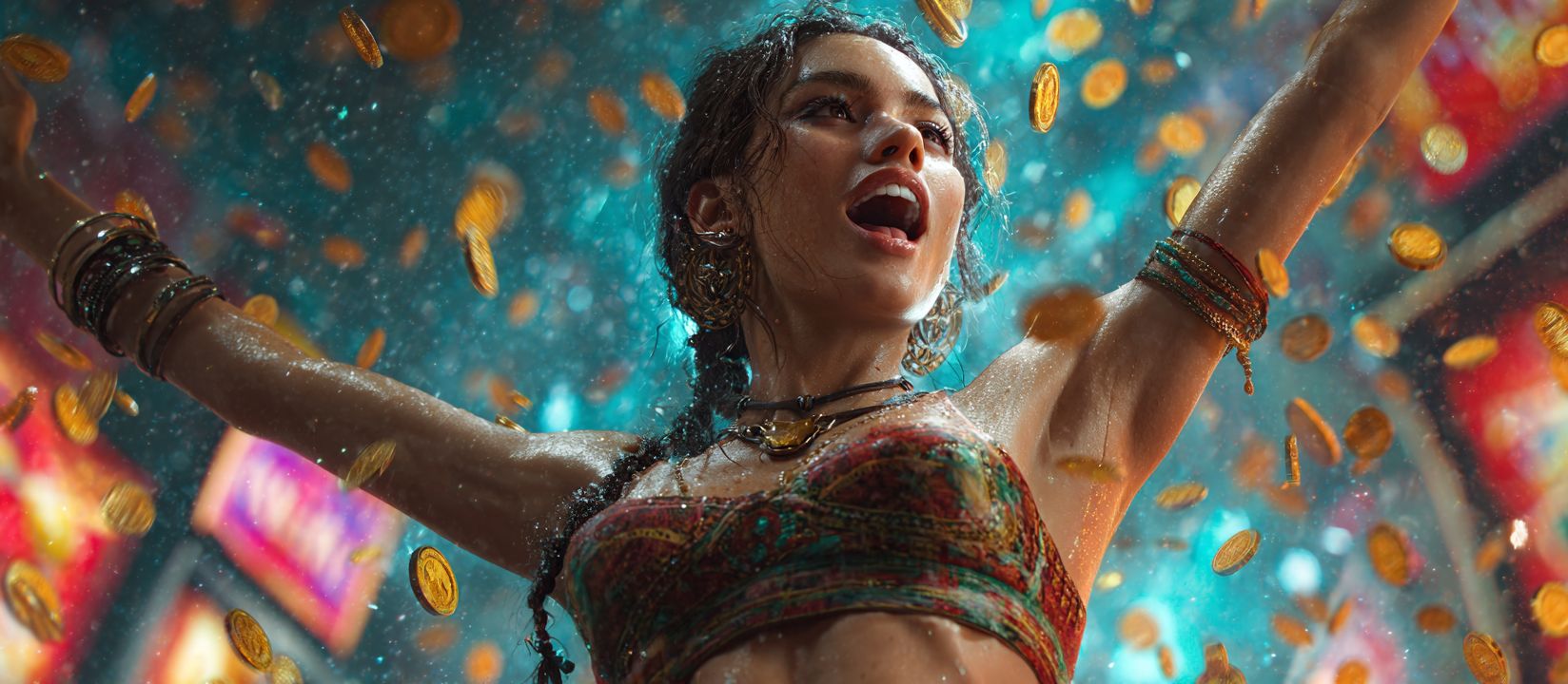 hbaj গেমিং প্ল্যাটফর্মে রঙিন টপ পরা এক নারী মুদ্রার বর্ষণের মাঝে দাঁড়িয়ে আছেন