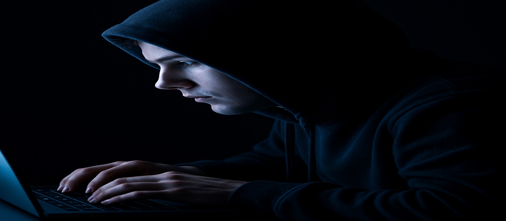 hbaj ওয়েবসাইটে অনলাইন গেম খেলার জন্য একজন ব্যক্তি অন্ধকার ঘরে ল্যাপটপে বসে একাগ্র চোখে মনোযোগ দিচ্ছেন।